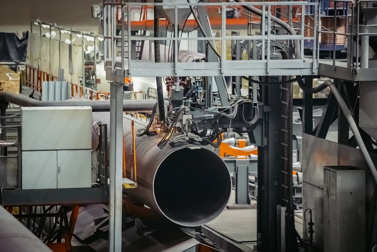 Proceso automatizado de soldadura de tubería de acero, destacando la innovación tecnológica de MMTubería para proyectos industriales.