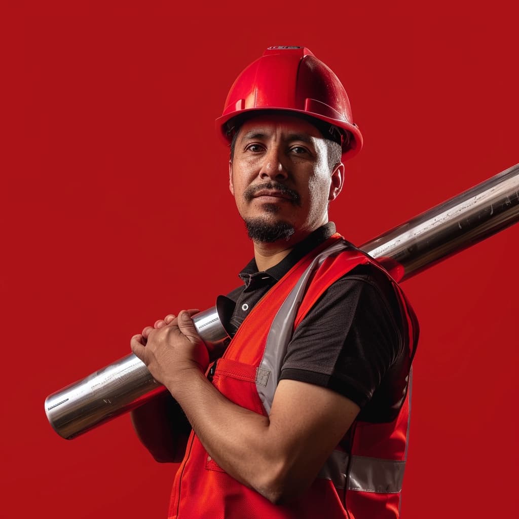 Trabajador de la industria del acero con casco y tubo en el hombro, reflejando la fuerza laboral especializada de MMTubería comprometida con la fabricación y distribución de productos duraderos.