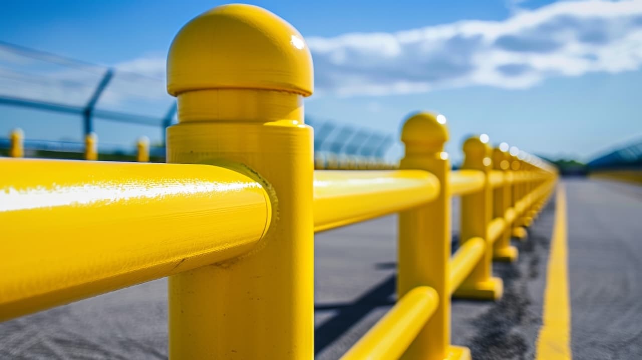 Barandillas industriales de acero pintadas de amarillo, destacando la resistencia y calidad de los productos de MMTubería en aplicaciones de seguridad y protección industrial.